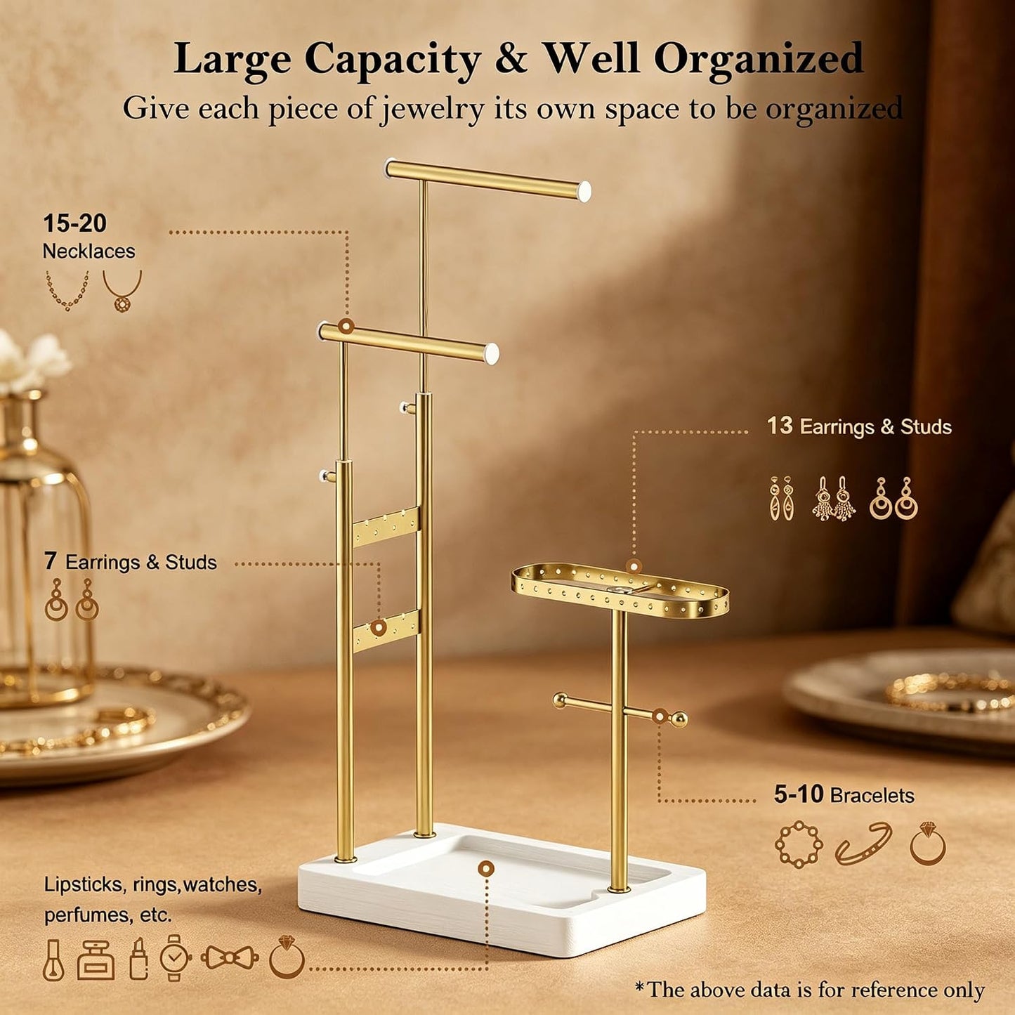 Soporte giratorio joyas ajustable blanco y dorado
