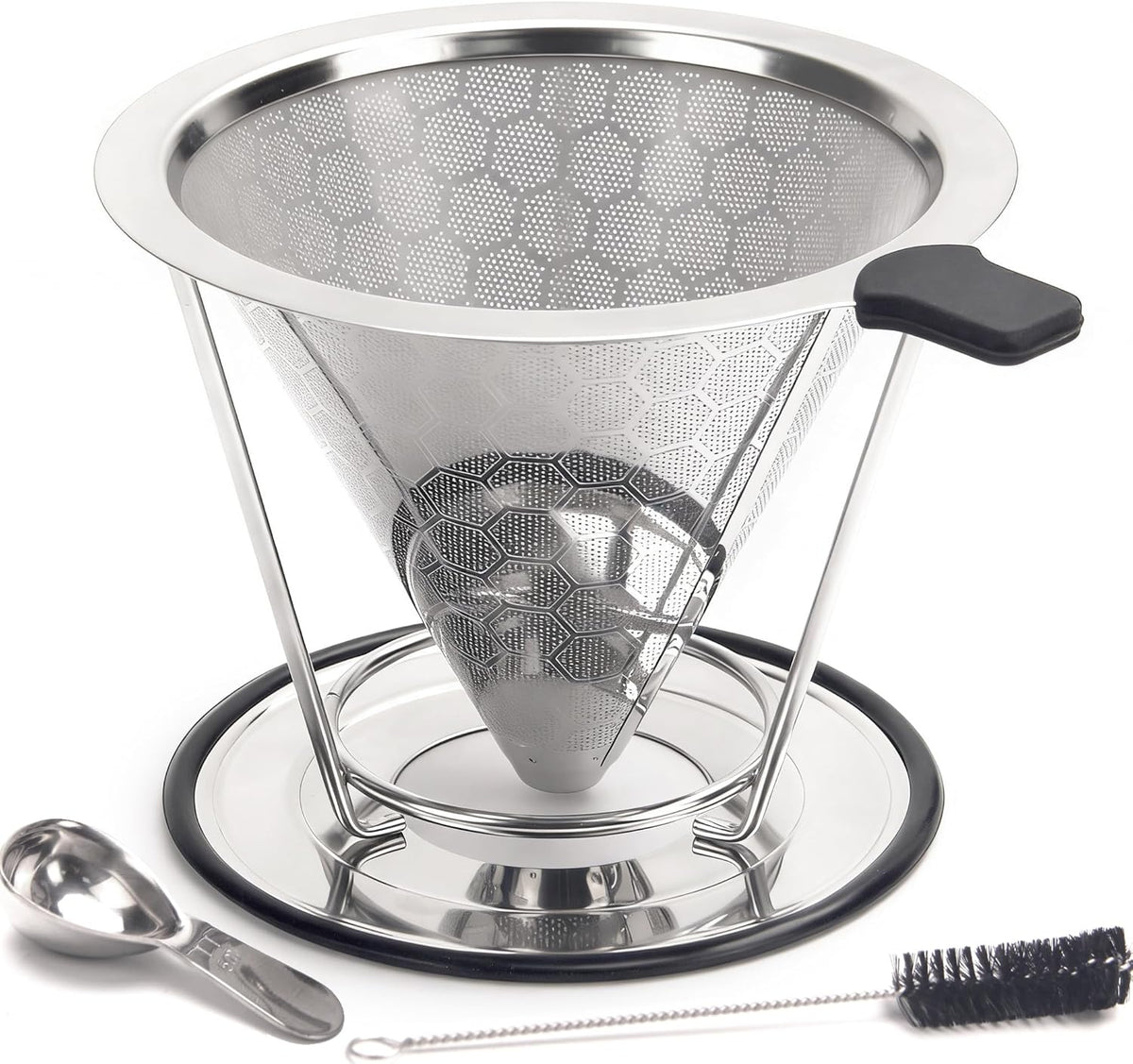 Gotero de acero inoxidable para café filtro reutilizable sin papel cafetera metal taza extraíble con cuchara y cepillo