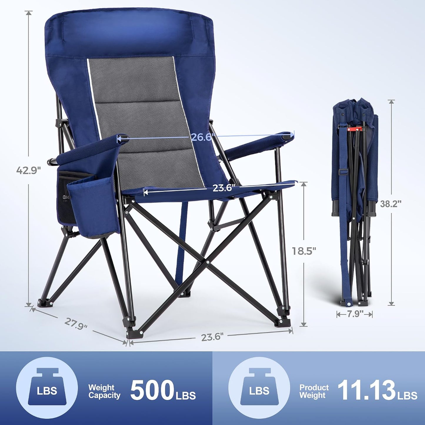Silla campamento gran tamaño respaldo alto 500lb plegable