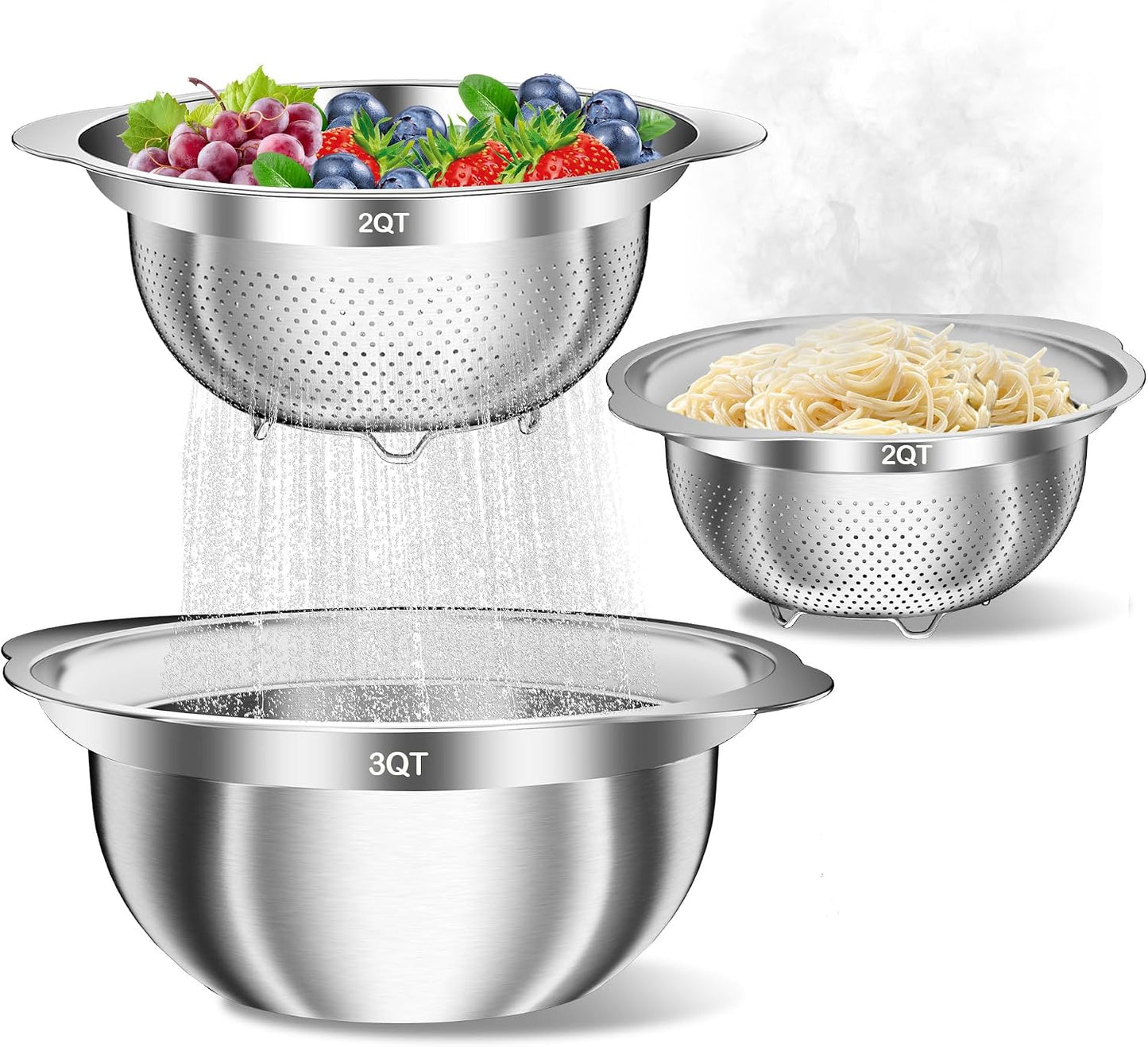 3 Pzas Colador Acero Inox con Tazón 2.0qt y 3.0qt