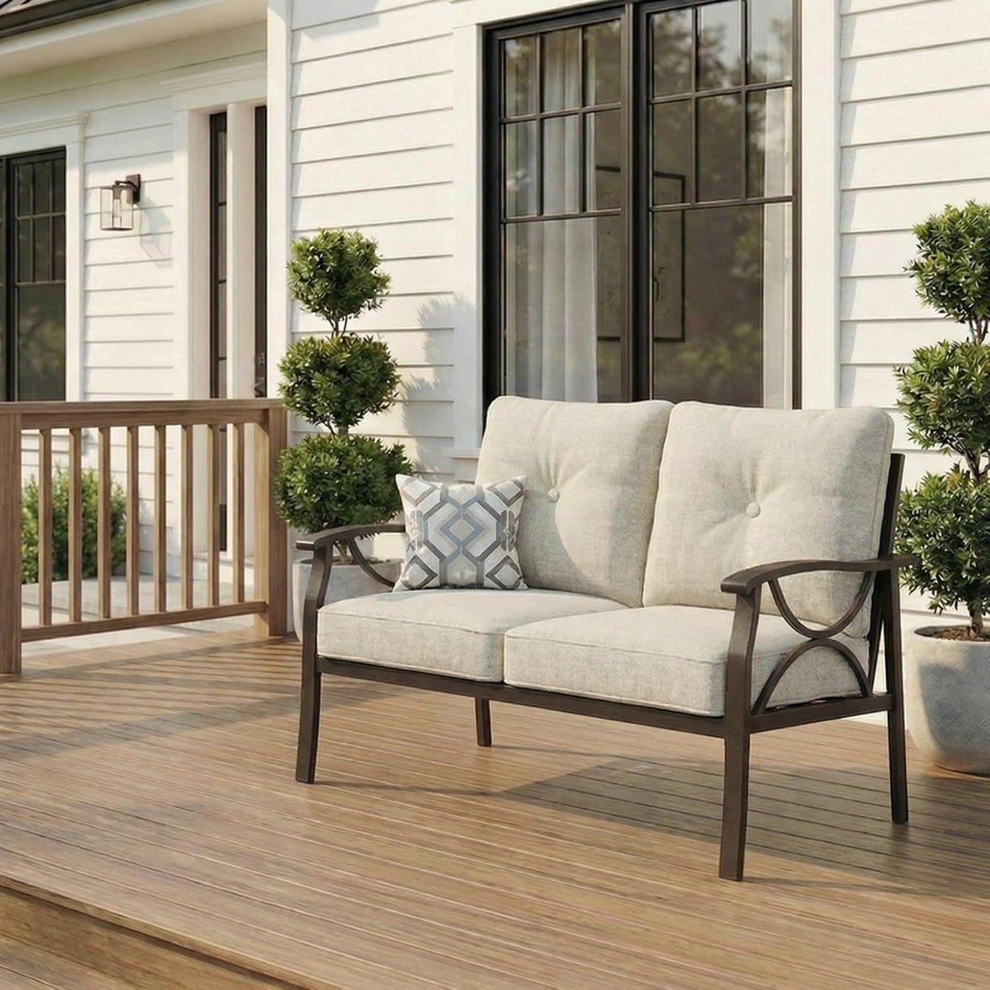 Sofá 2 plazas exterior metal caqui con cojines beige