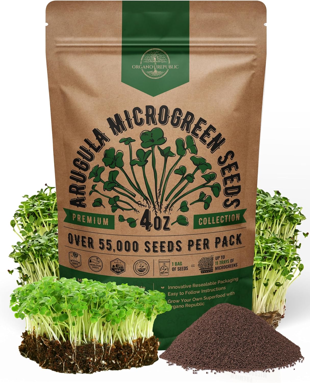 Semillas rúcula microgreens 4oz fibra coco aeroponía