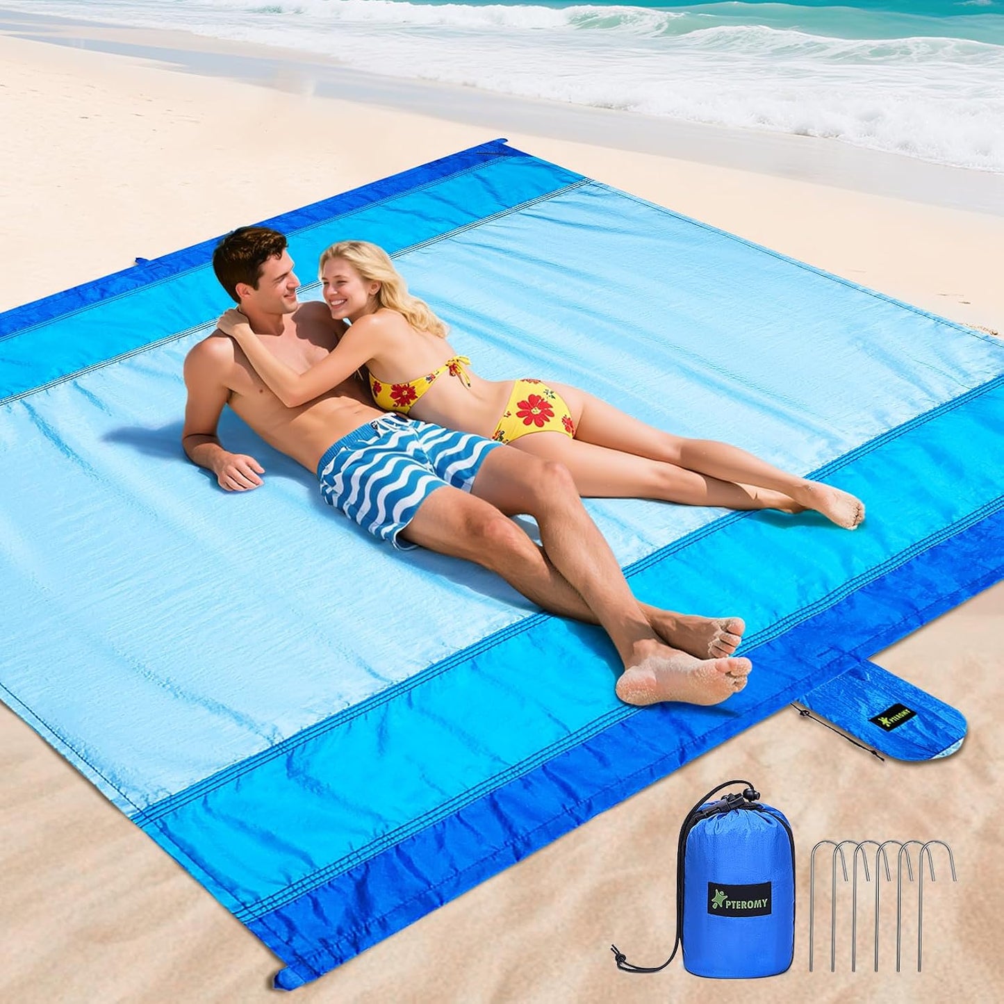 Manta playa impermeable 108x120" azul con bolsa 6 estacas