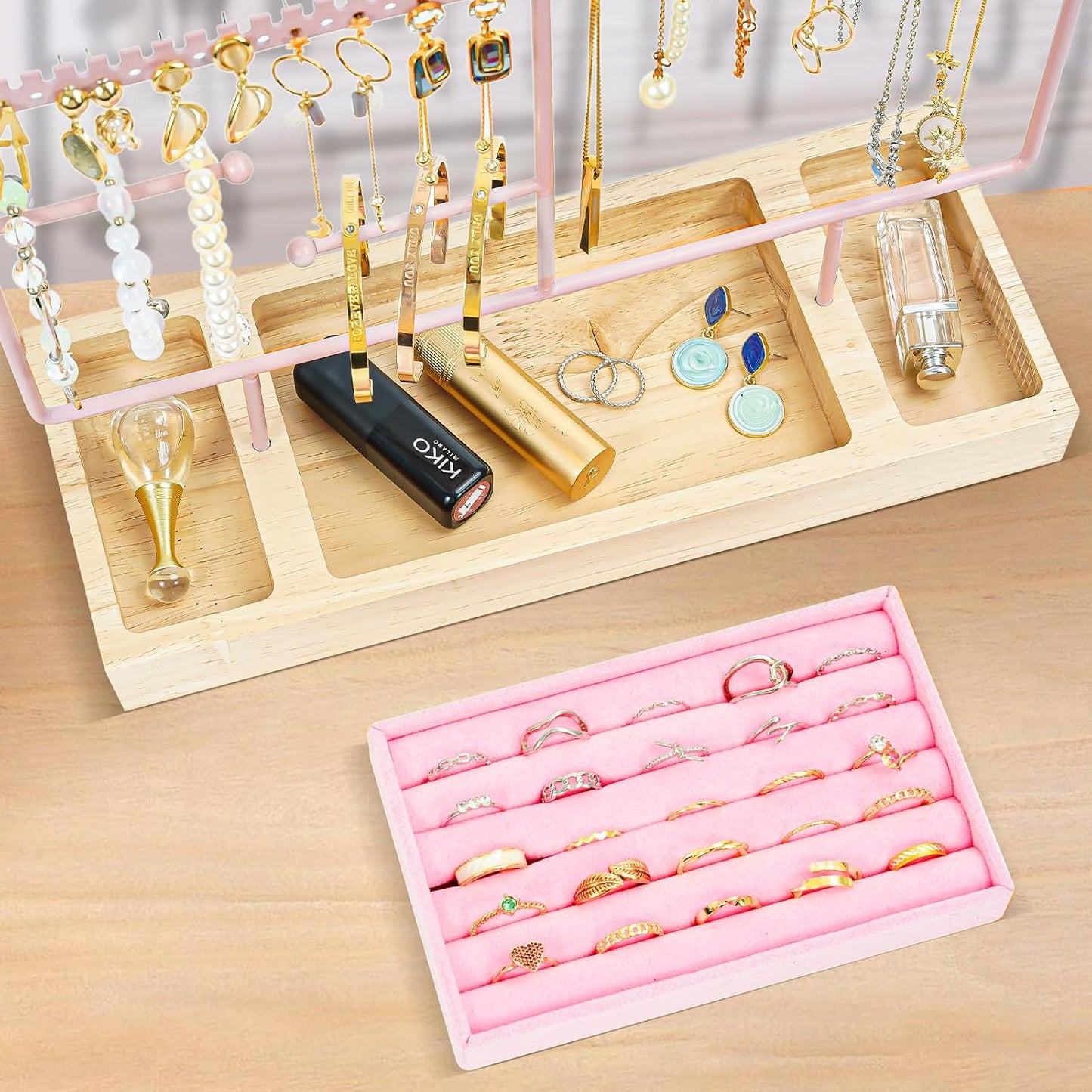 Organiz. joyas 6 niveles soporte collares pulseras anillos madera rosa
