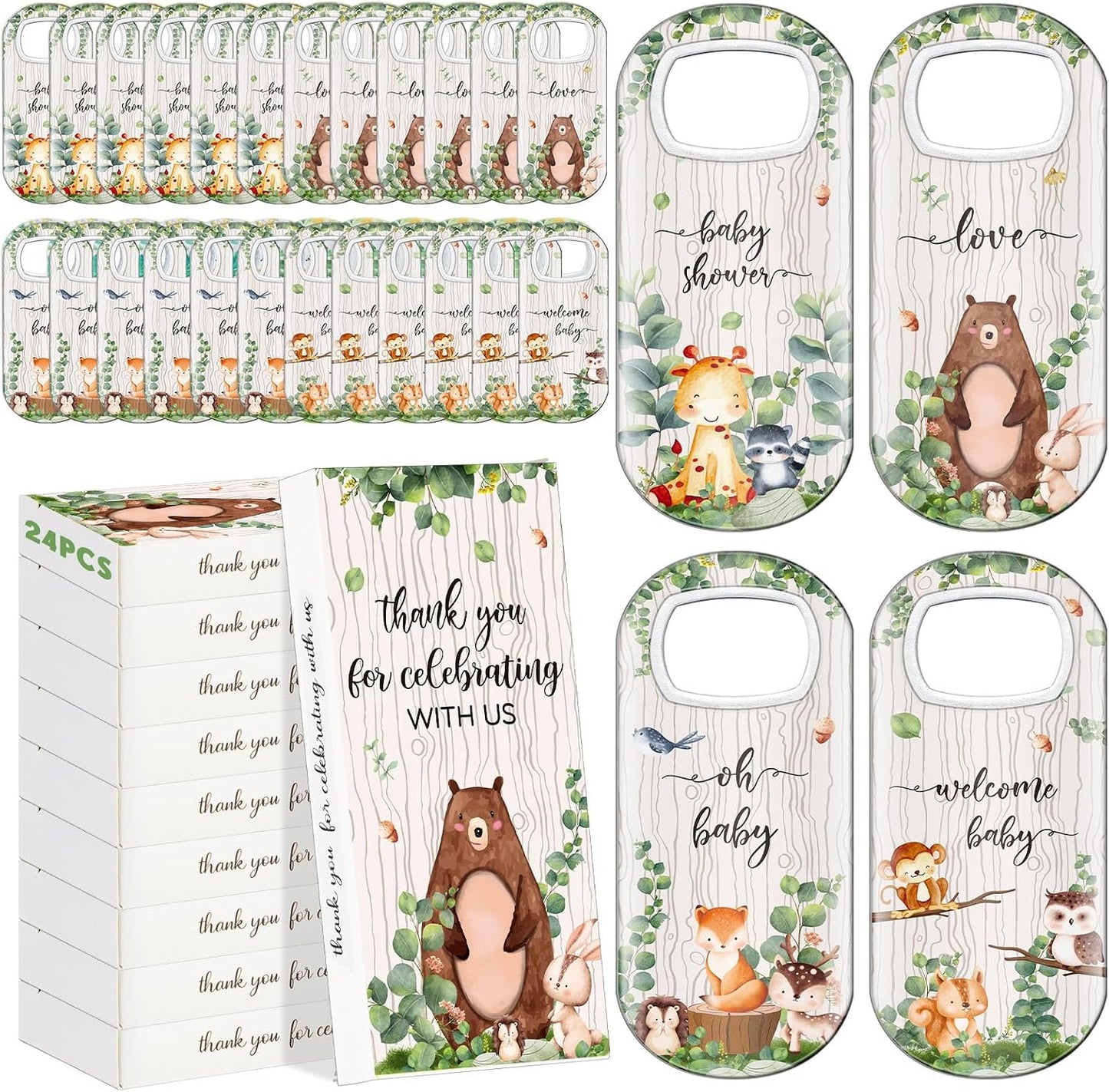 Pack 24 regalos baby shower selva con cajas 4 diseños