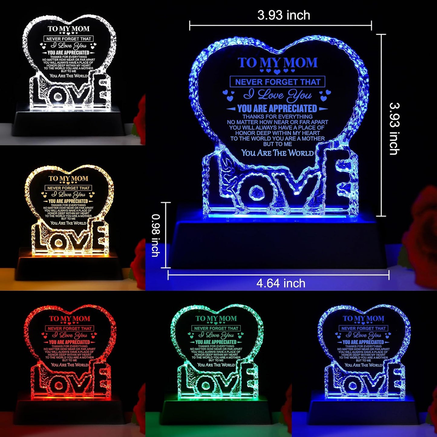 Luz nocturna cristal corazón LED recuerdo amor mamá