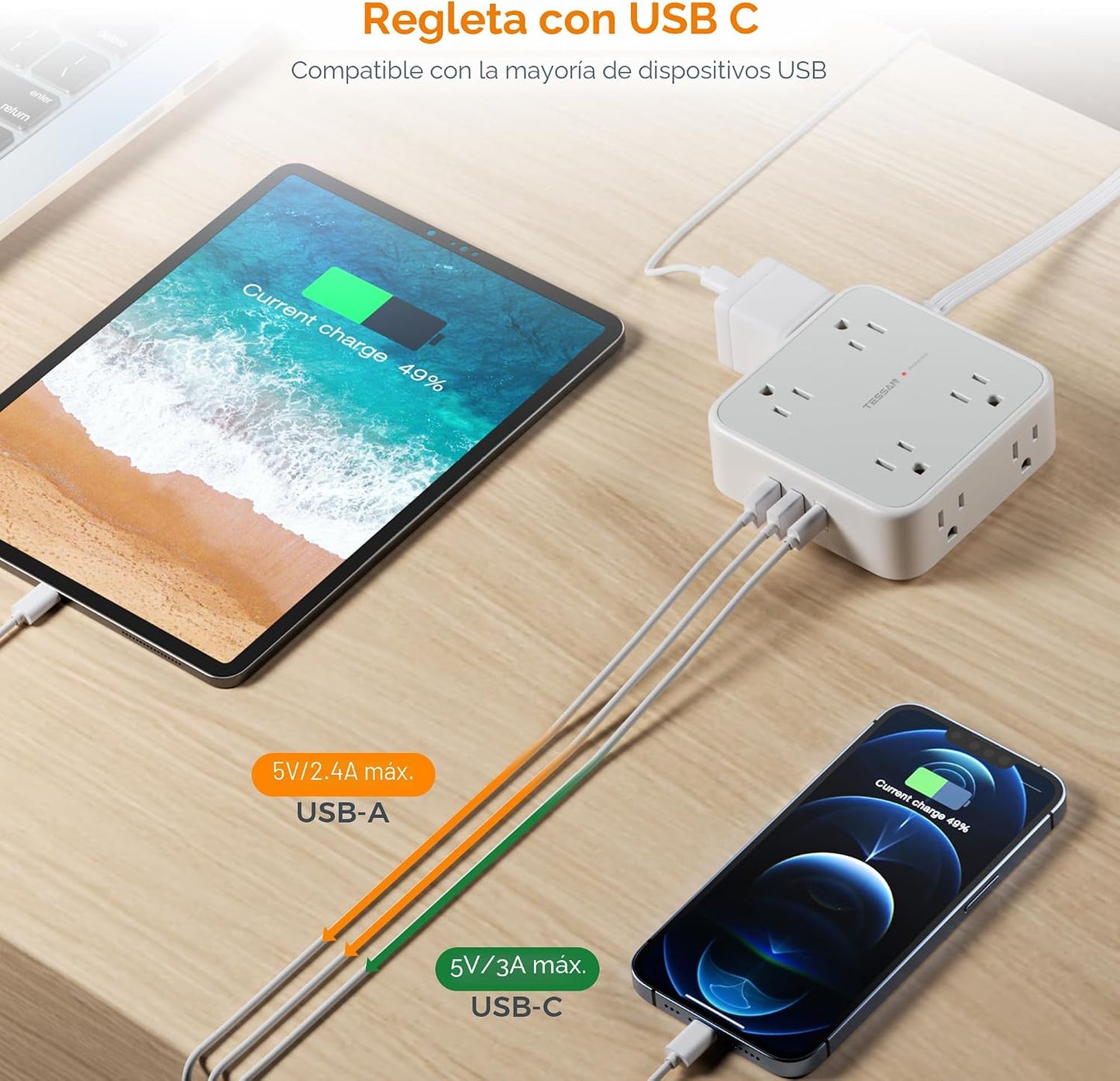 Cable extensión 25ft con 8 salidas 3 USB
