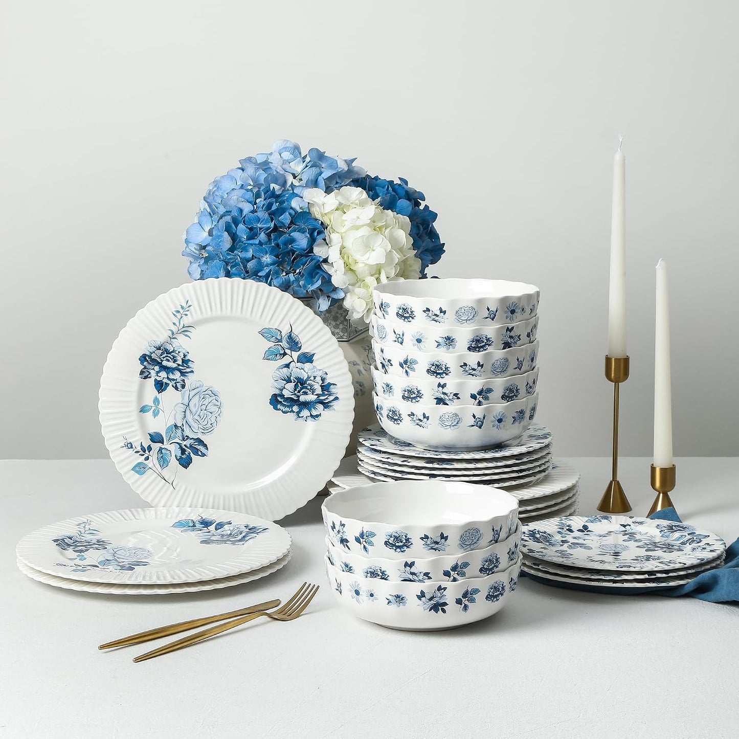 Set 12 Pzas Vajilla New Bone China Azul