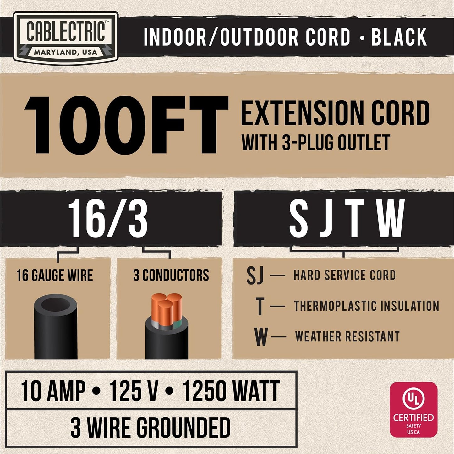 Cable extensión exterior 100ft 3 tomas SJTW negro duradero