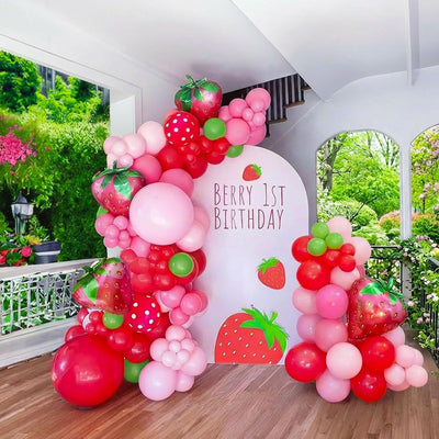Kit guirnalda globos fresa 120pzas rojos rosas aluminio fiesta