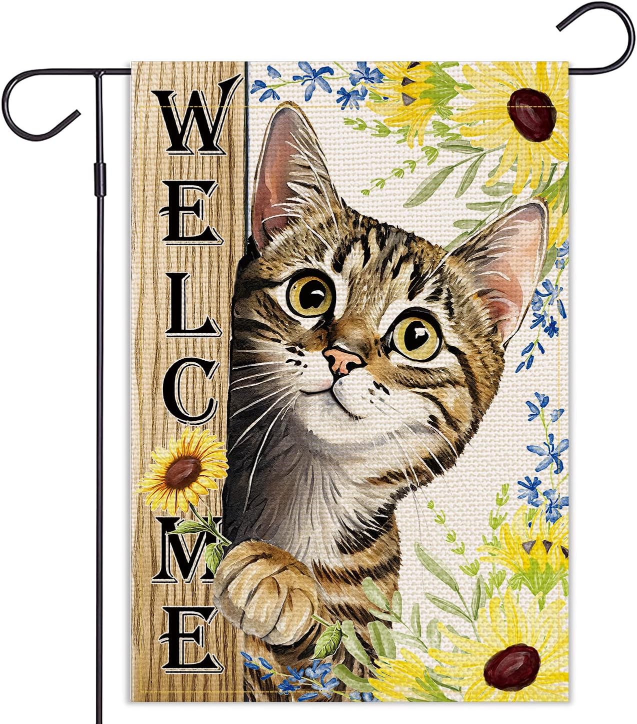 Bandera bienvenida jardín girasol gato 12x18" doble cara