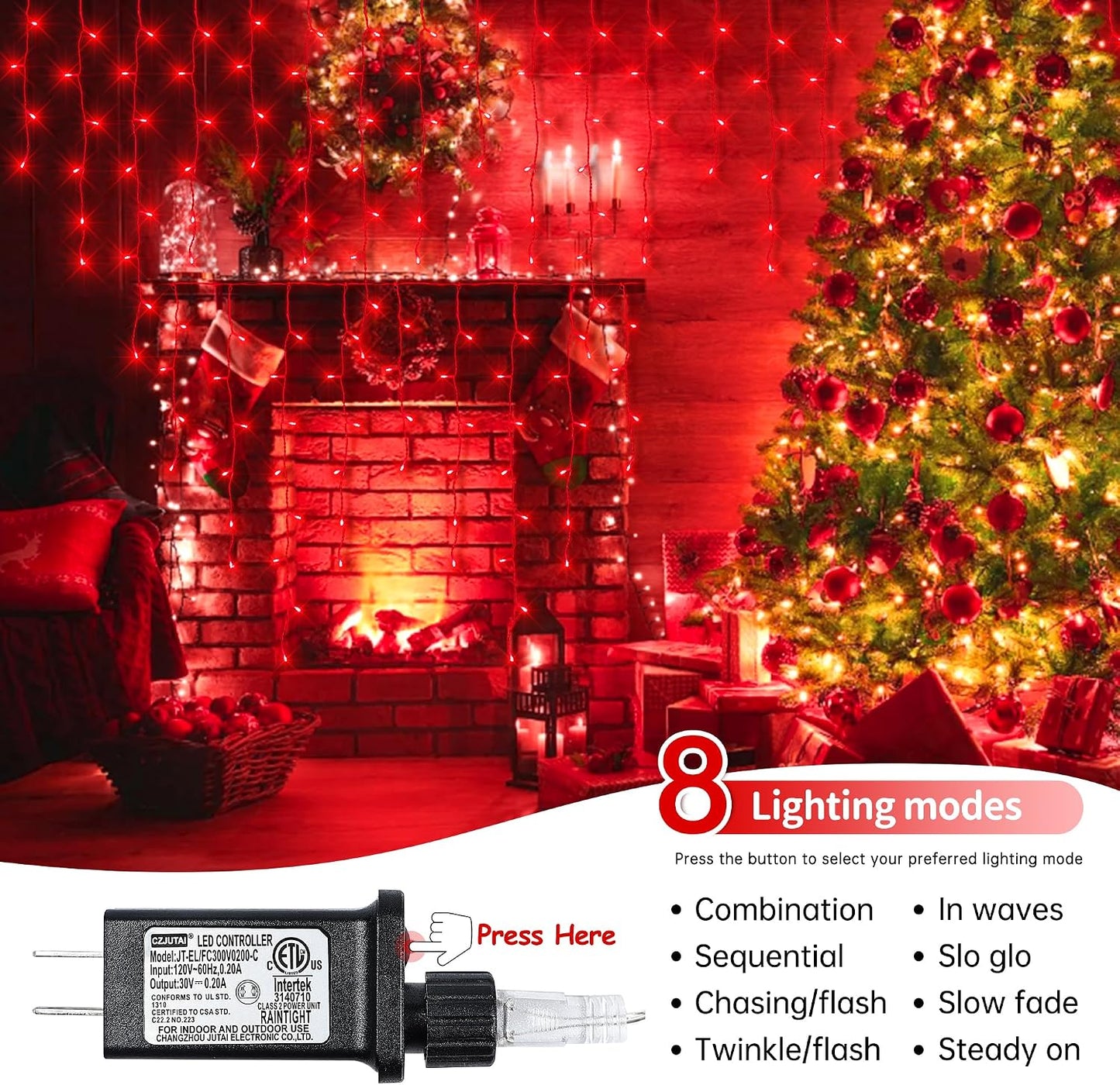 Luces navidad exteriores 300 LED 33pies 8modos colgantes