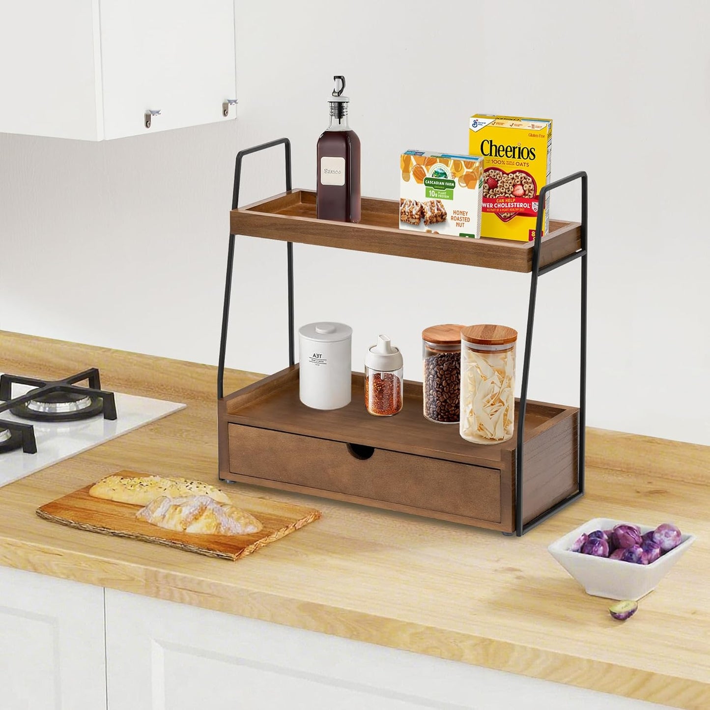 Organiz. baño 2 niveles con cajón madera estante fregadero