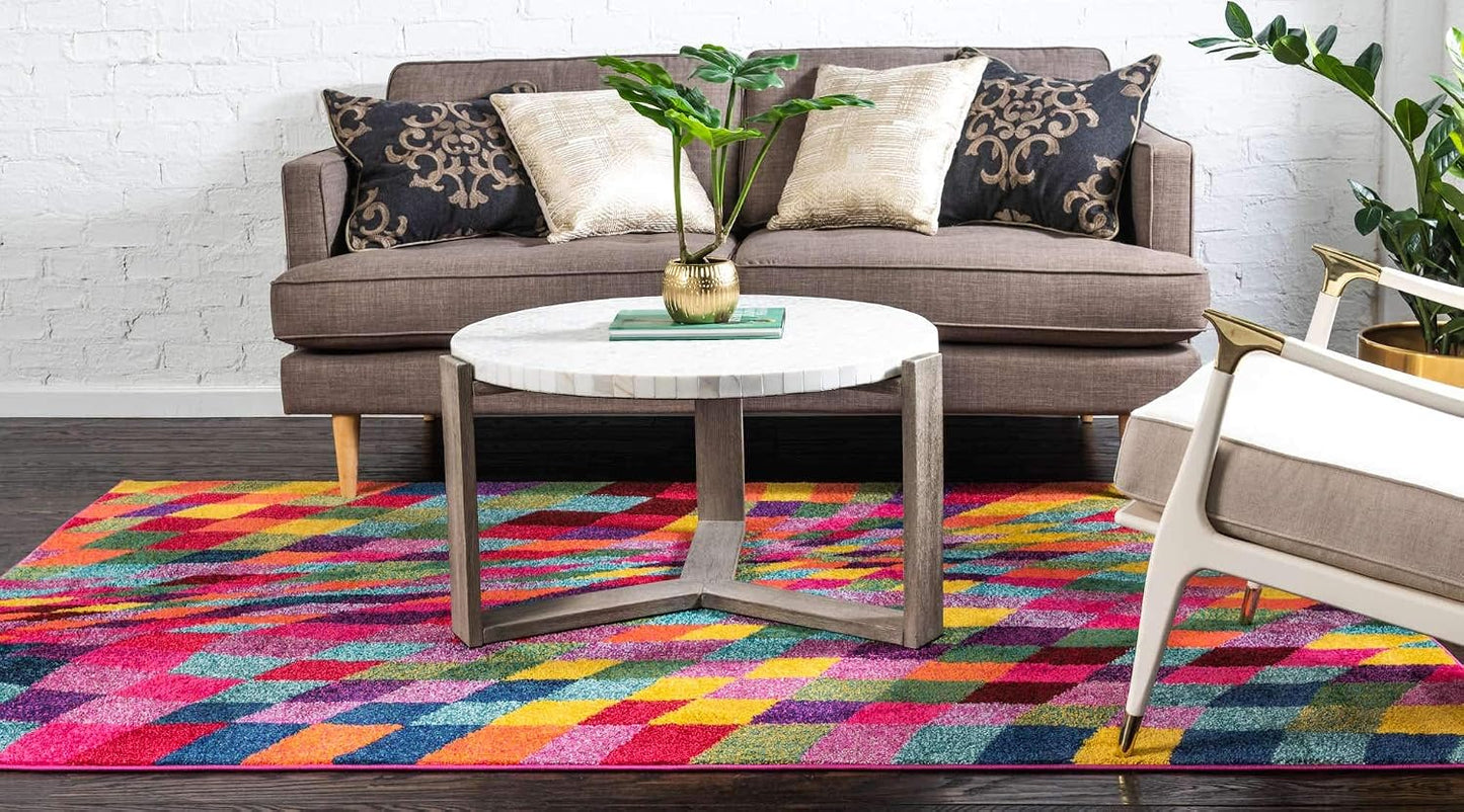 Alfombra geométrica moderna 6x9ft multicolor y rosa