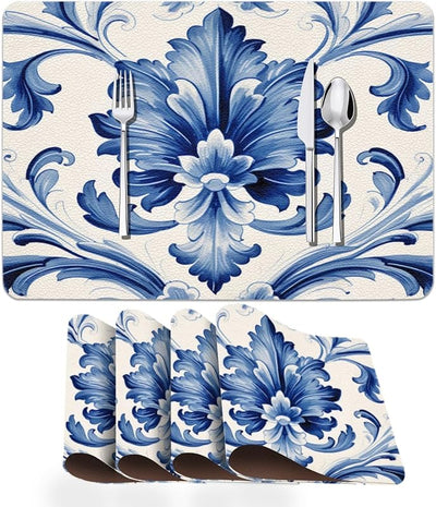 4 Pzas Manteles Piel Sintética Patrón Porcelana Azul