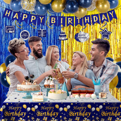 Decoraciones cumpleaños azul dorado pancarta globos cortinas flecos