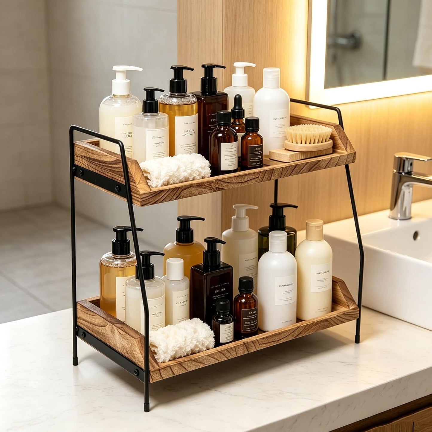 Organiz. barra café madera 2 niveles estante cocina