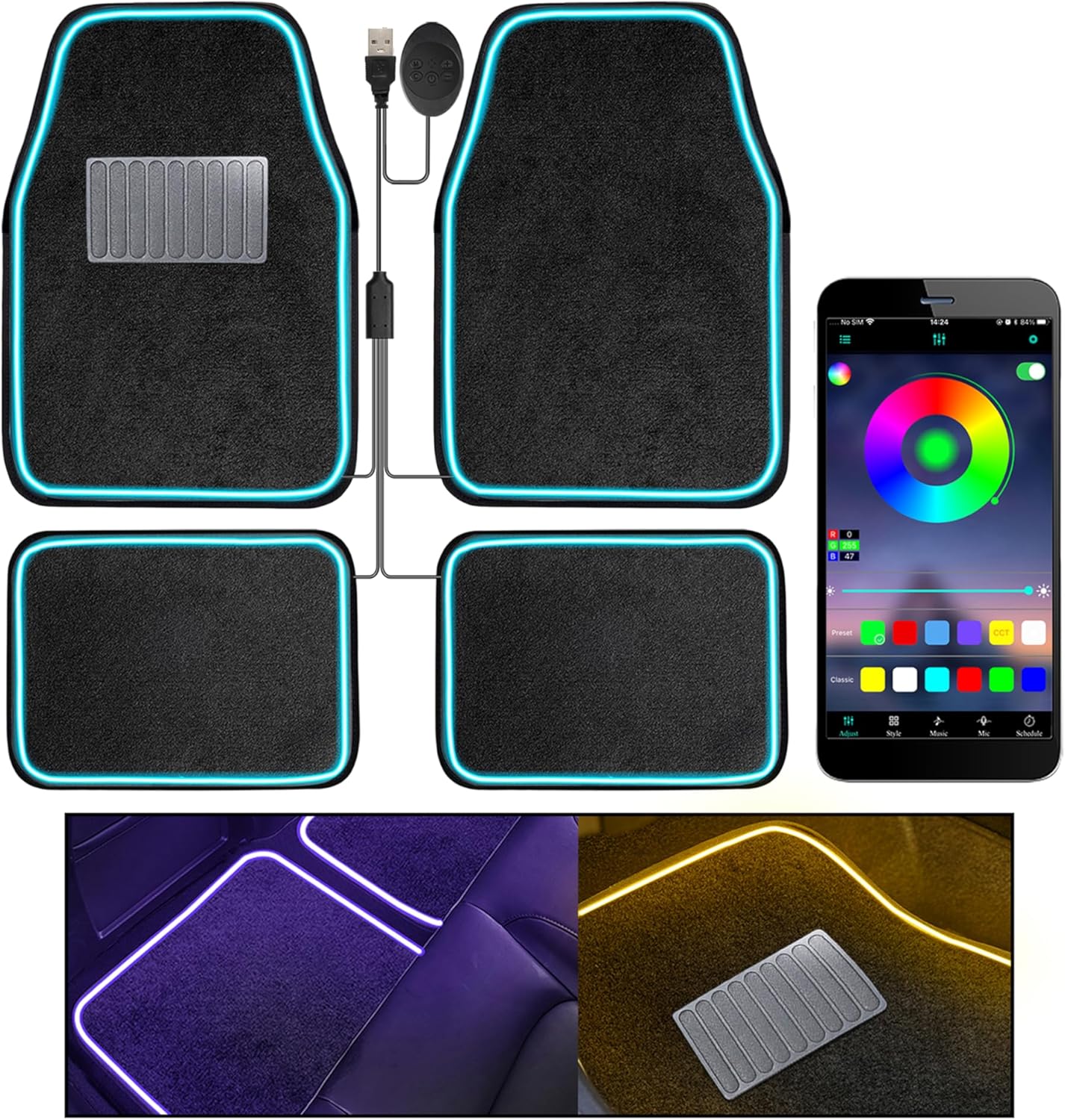 Alfombrillas coche con luz LED app control negras