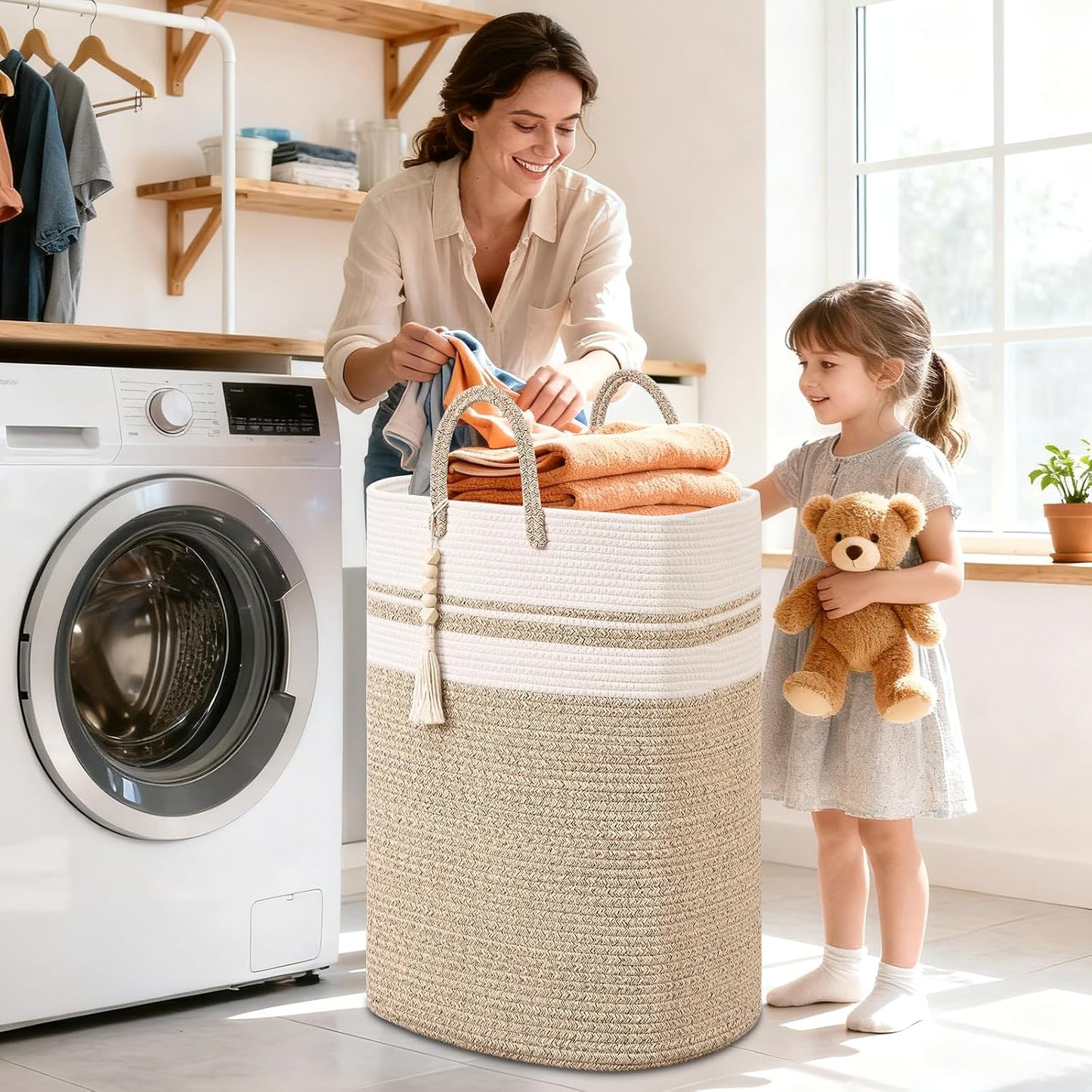 Cesta lavandería tejida 50L con borlas para ropa sucia