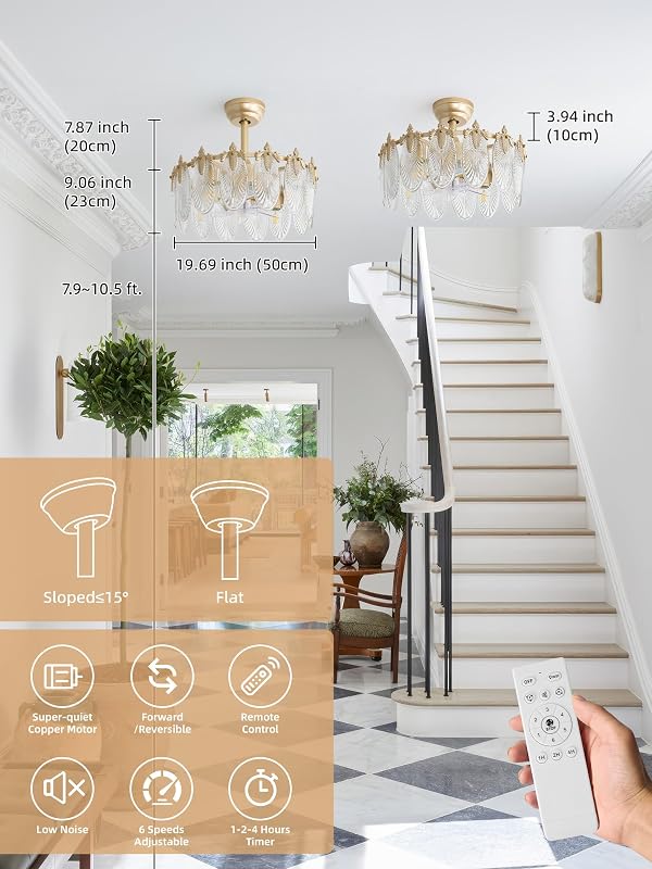 Ventilador techo cristal dorado 20" con luz 6 velocidades