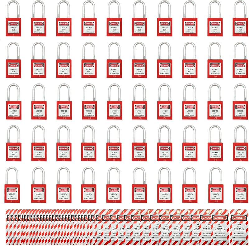 50 Cerraduras Bloqueo con Llave y Etiquetas Loto Seguras