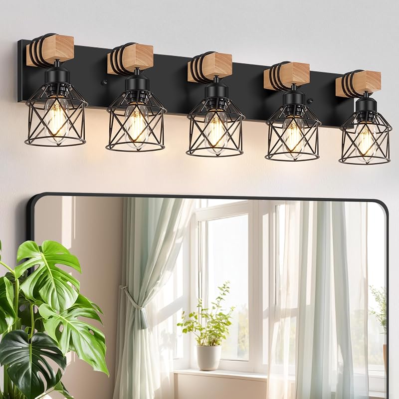 Lámpara baño madera 5 luces estilo rústico jaula metal