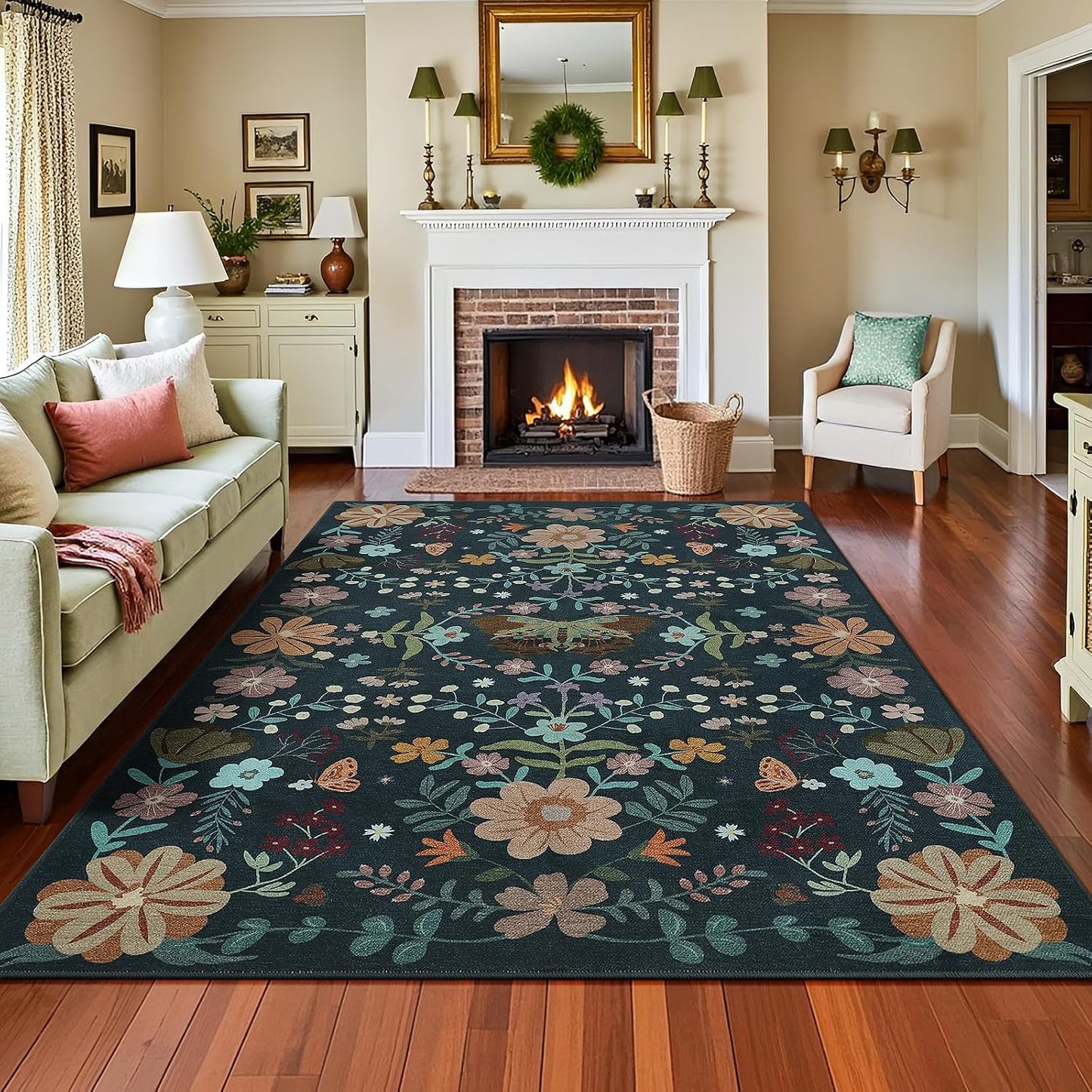 Alfombra boho 5x7pulg verde oscuro antiderrap