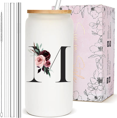 Taza vidrio personalizada con inicial y pajita para regalo mujer