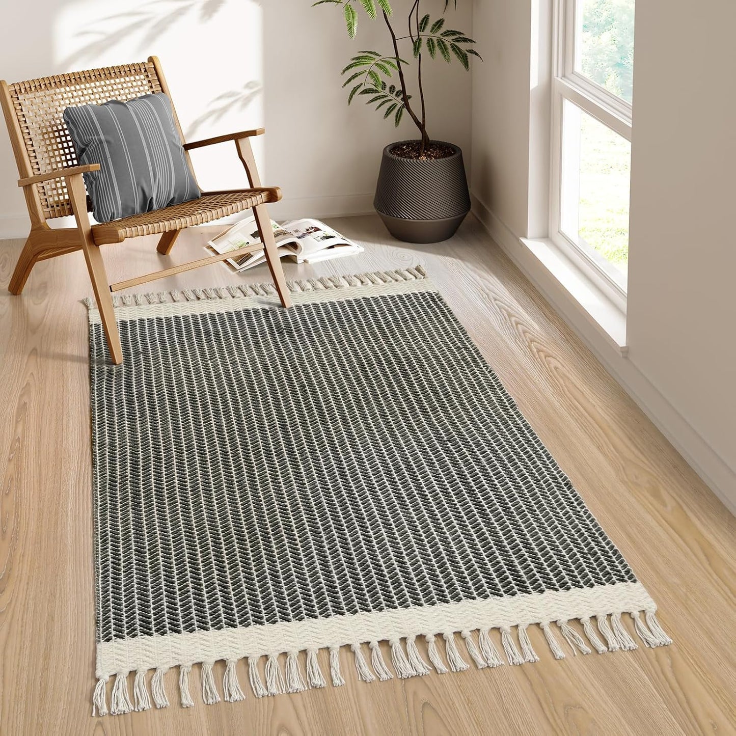 Alfombra bohemia algodón borlas para dormitorio entrada