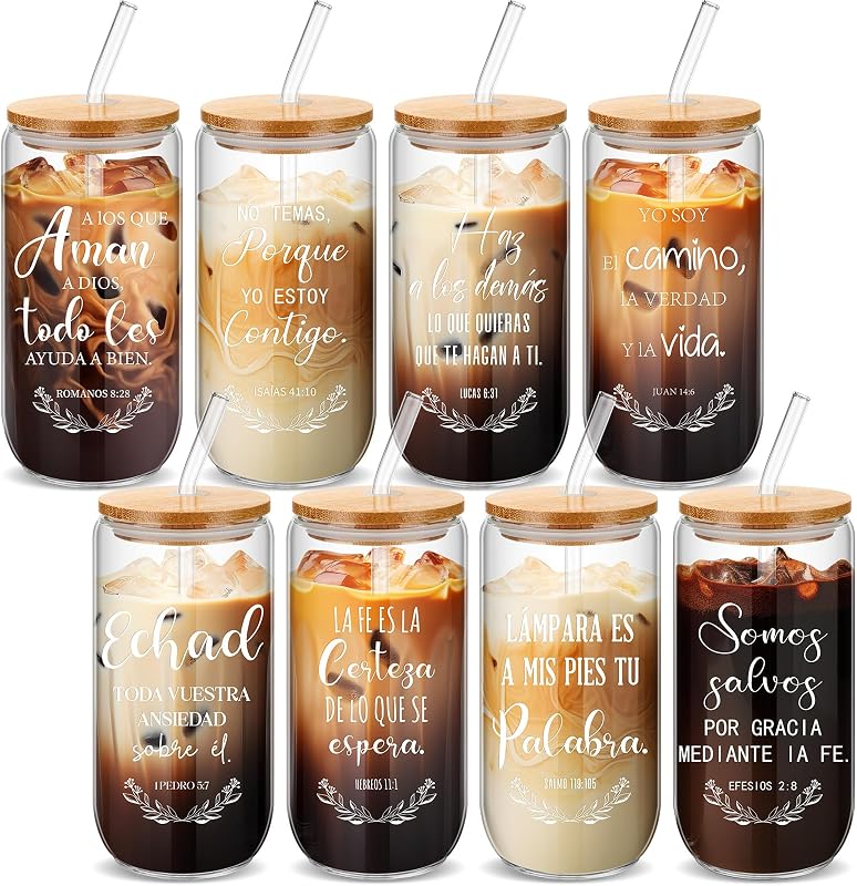 8 Pzas Vasos Vidrio Religiosos 16oz con Tapas Bambú y Cepillos