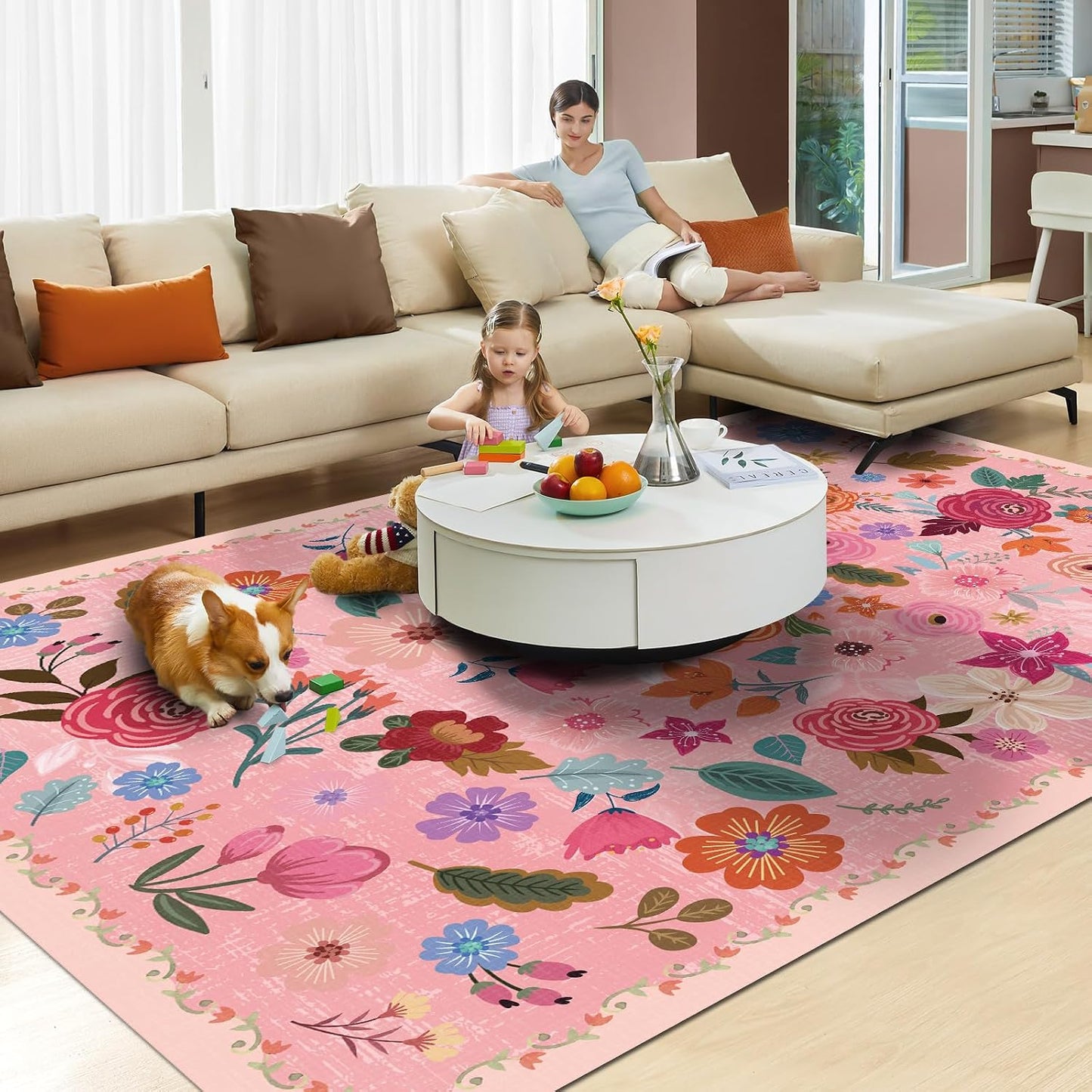 Alfombra lavable 5x7ft color rosa bohemio antiderrap