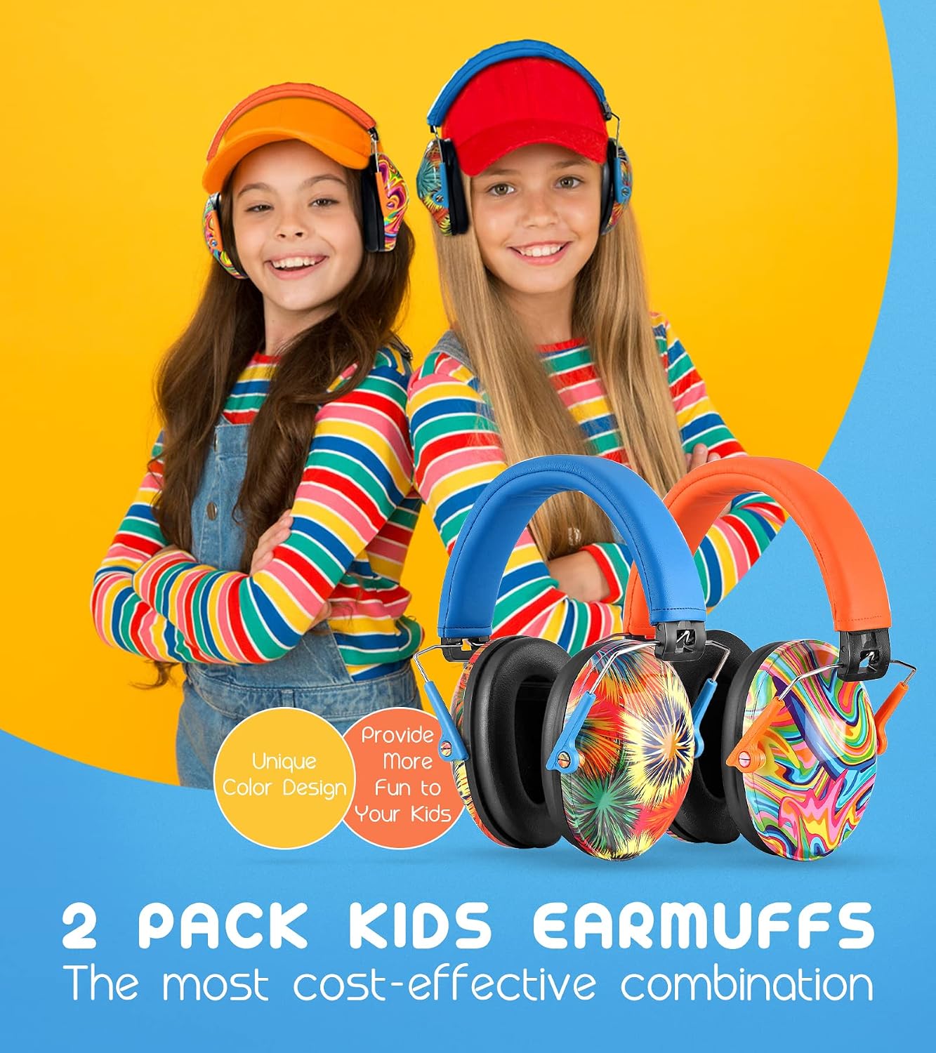 2 Pzas Orejeras Niños Ajustables NRR 25dB Naranja Azul
