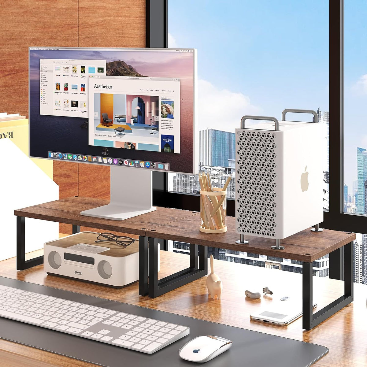 2 Soportes elevadores monitor madera escritorio computadora marrón