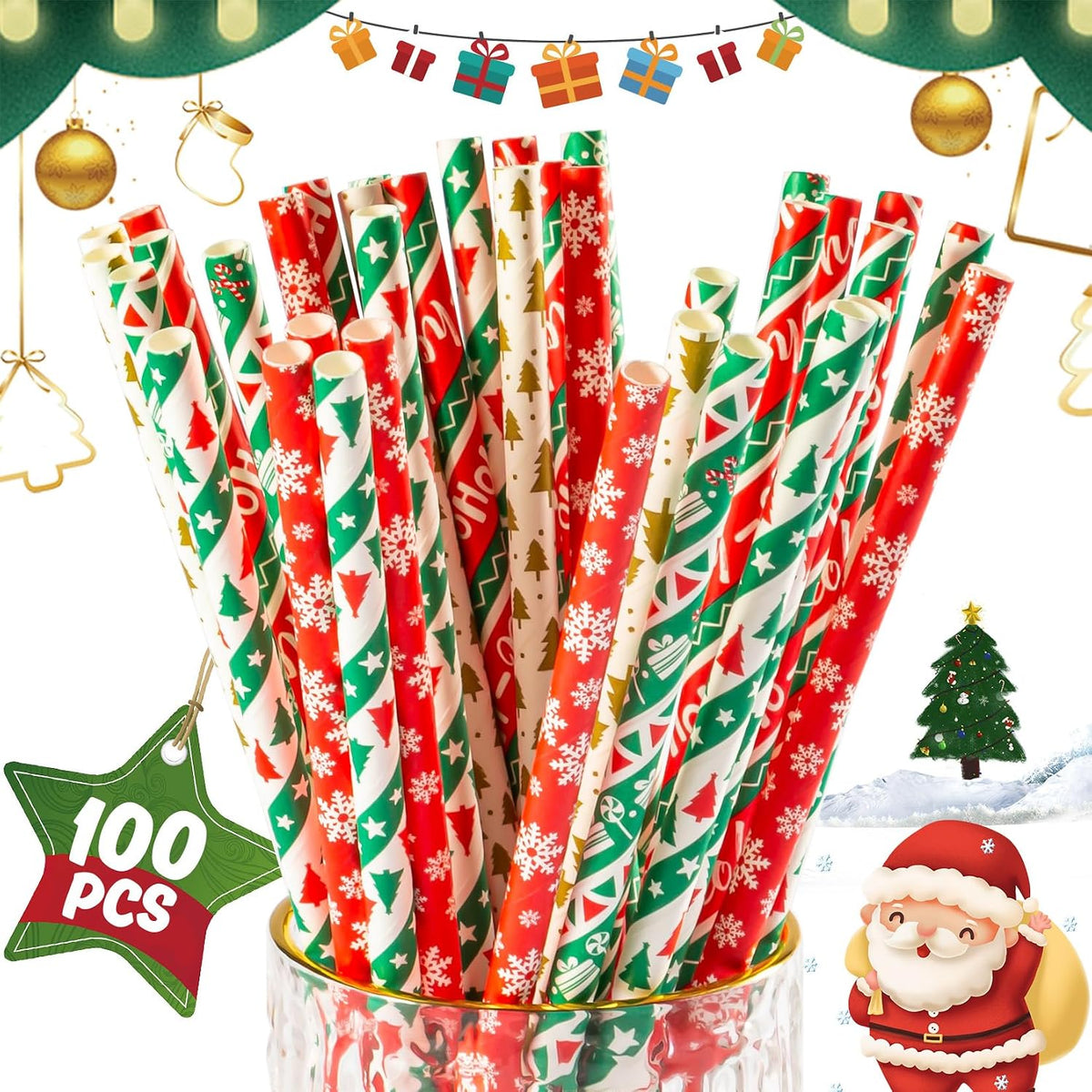 100 Pajitas Navidad Kraft Coloridas para Café y Jugo