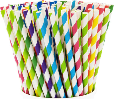 200 Popotes Papel A Rayas Biodegradables Colores Surtidos