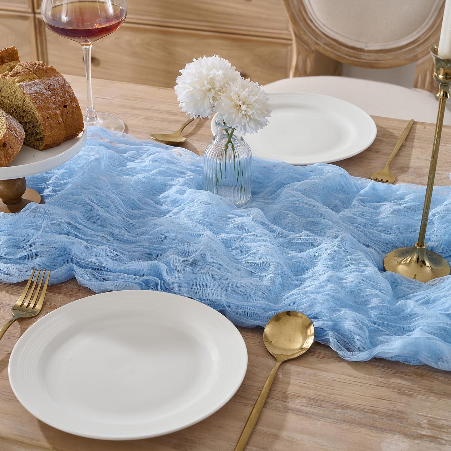 Paquete de 3 caminos de mesa de gasa azul bebé bohemio 120 pulgadas para boda fiesta