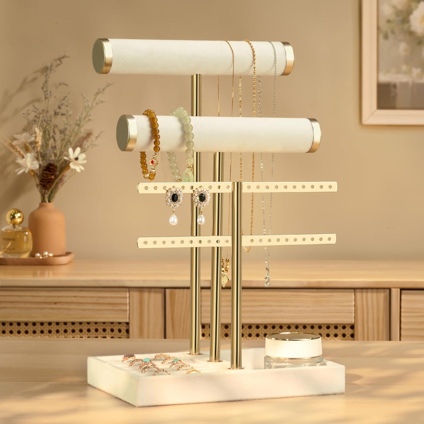 Soporte pulseras 3 niveles terciopelo beige organiz. joyas