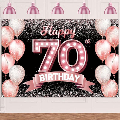 Cartel feliz cumpleaños 70 años rosa dorado decoración fiesta