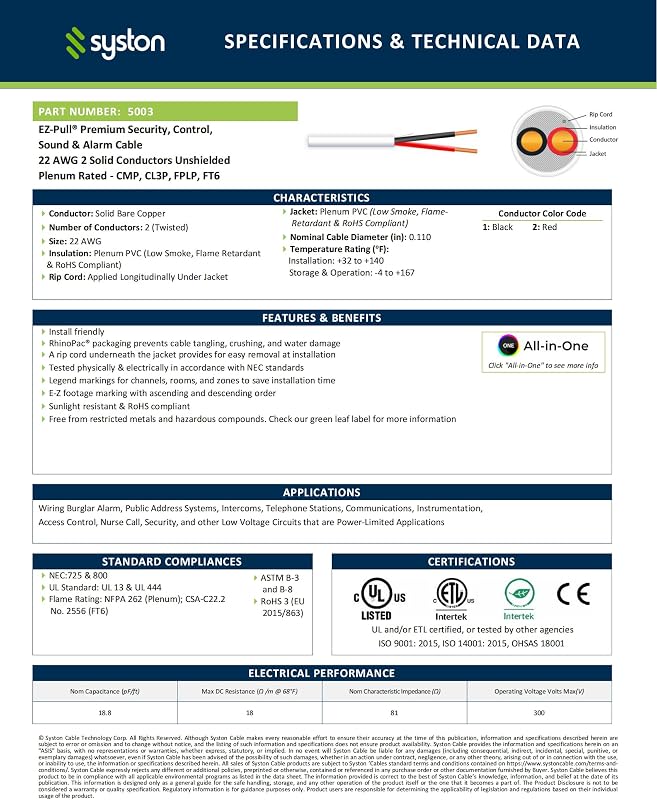 Cable alarma sonido estación antirrobo calificación plenum
