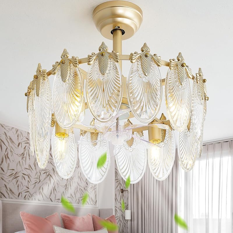 Ventilador techo cristal dorado 20" con luz 6 velocidades