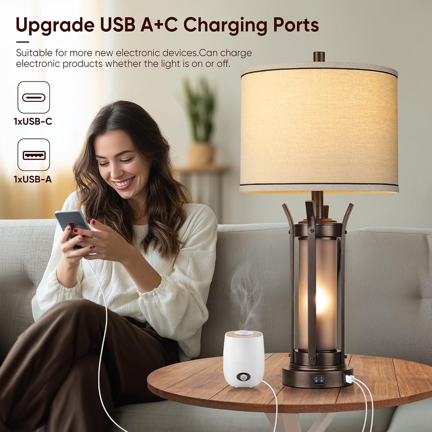 2 Lámparas Mesa Rústica con Puertos USB y Luz Nocturna