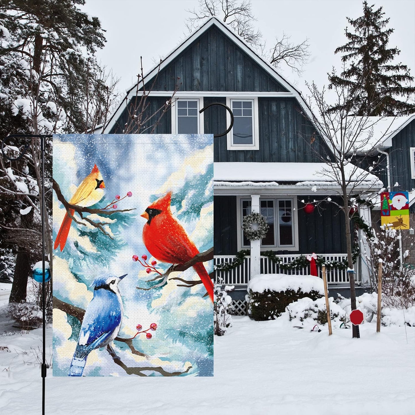 Bandera jardín welcome winter cardinals 12x18pulg arpillera