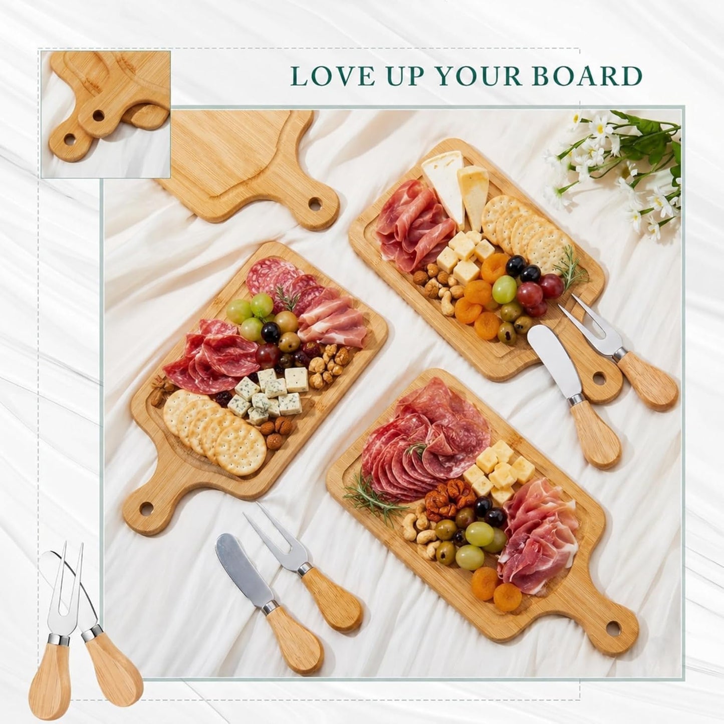 Tabla cuadrada madera quesos con cuchillo tenedor 3 set