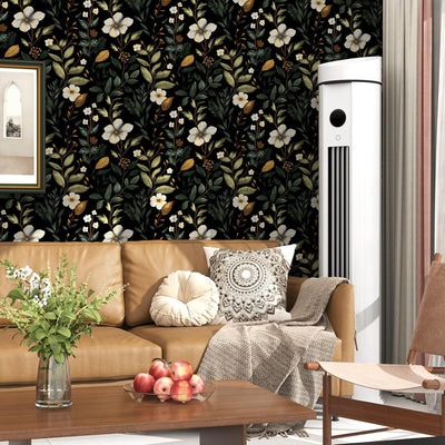 Papel tapiz vintage floral autoadhesivo impermeable color negro