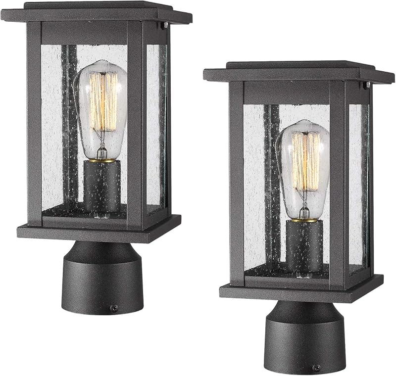 Set 2 lámparas poste exterior negro vidrio sembrado