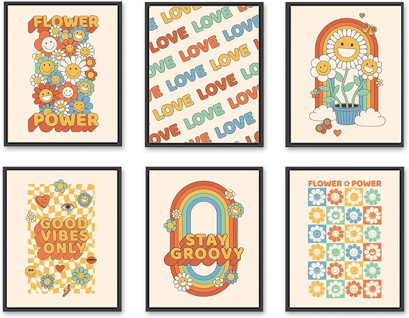 Set 6 arte retro 70s hippie flores psicodélico
