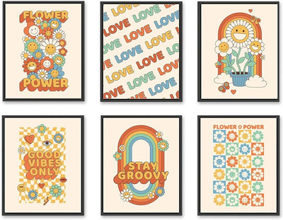 Set 6 arte retro 70s hippie flores psicodélico