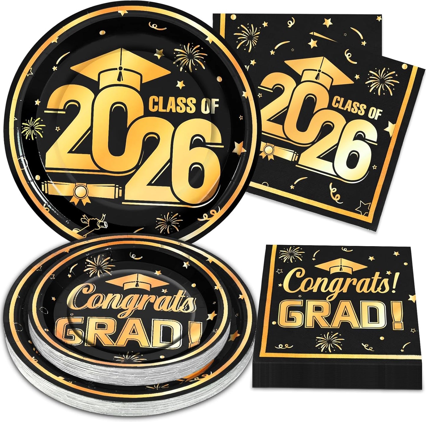 Set 60 platos y servilletas graduación 2026 negro y dorado