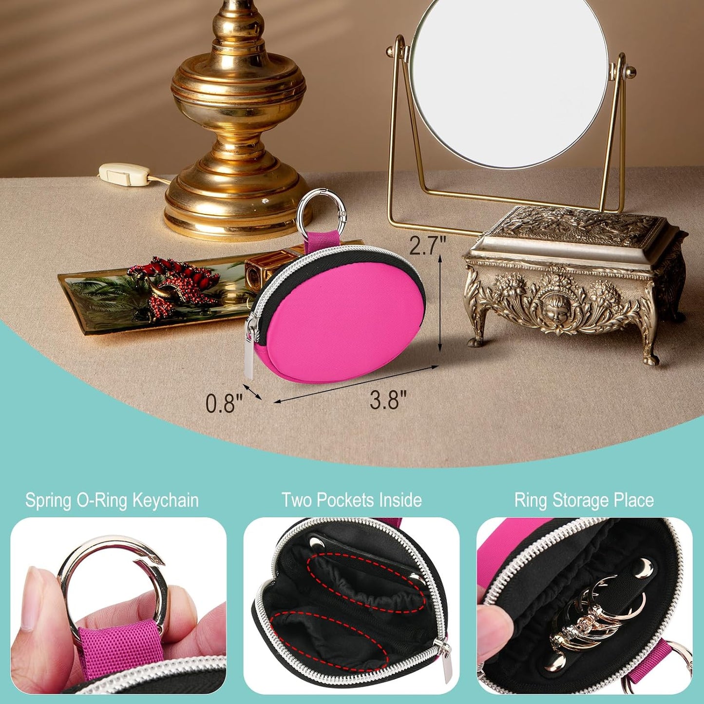 Estuche joyas viaje con llavero rosa