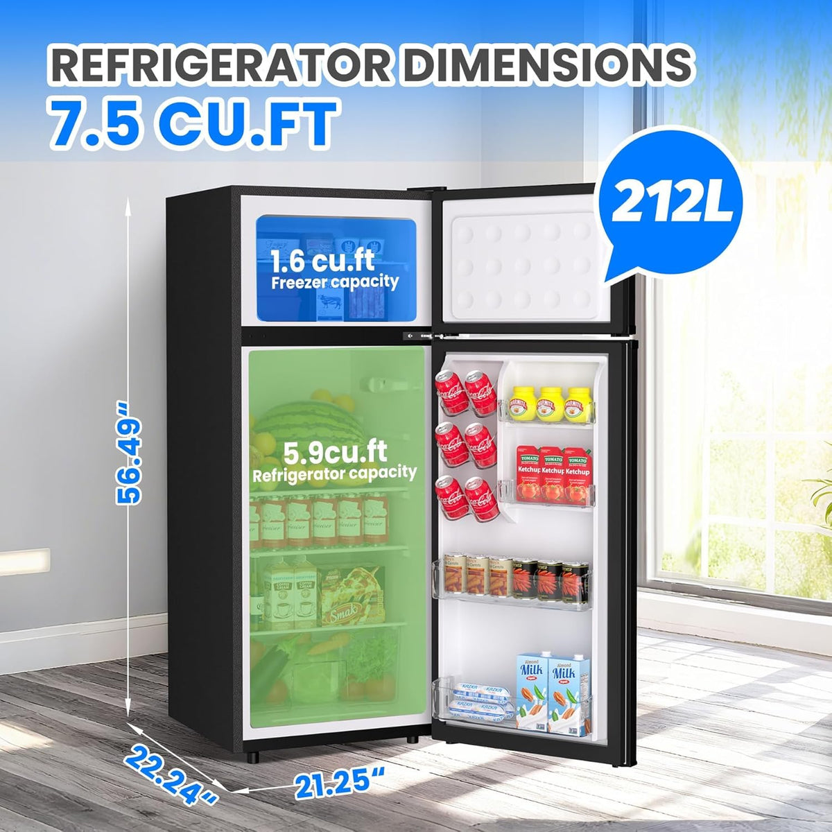 Refrigerador compacto doble puerta 7.5pies³ con congelador 1.6pies³